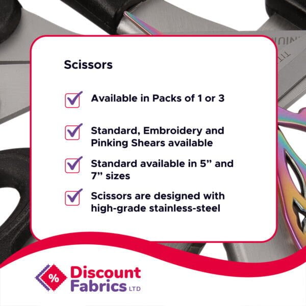 An infographic from Discount Fabrics LTD promoting scissors. The text lists features: available in packs of 1 or 3, standard, embroidery, and pinking shears, sizes 5" and 7", and designed with high-grade stainless steel. The background displays close-up images of scissors.