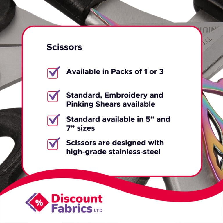 An infographic from Discount Fabrics LTD promoting scissors. The text lists features: available in packs of 1 or 3, standard, embroidery, and pinking shears, sizes 5" and 7", and designed with high-grade stainless steel. The background displays close-up images of scissors.
