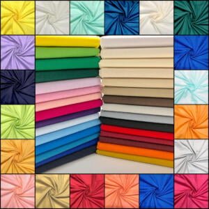 A colorful assortment of fabric swatches arranged in rows and columns. The middle shows stacks of folded fabrics in various colors including green, blue, yellow, pink, and brown. The surrounding border displays each fabric's texture in a twisted pattern.