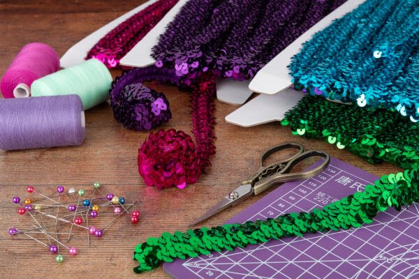 A wooden table with colorful sequined trims, spools of thread, sewing pins, and a pair of scissors. There is also a cutting mat with grid lines and a craft knife. The sequined trims are in shades of purple, green, and pink.