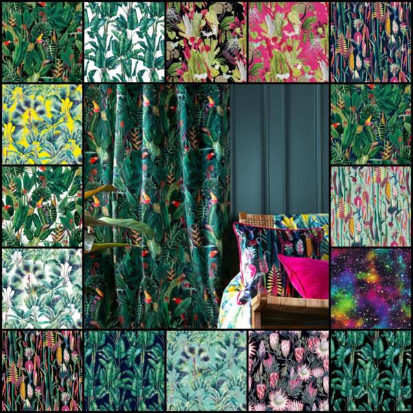 A collage of tropical-themed fabric patterns featuring lush greenery, vibrant flowers, and foliage. The central image shows a curtain with a tropical print next to a wicker chair adorned with colorful cushions. One pattern resembles a starry galaxy with vibrant colors.