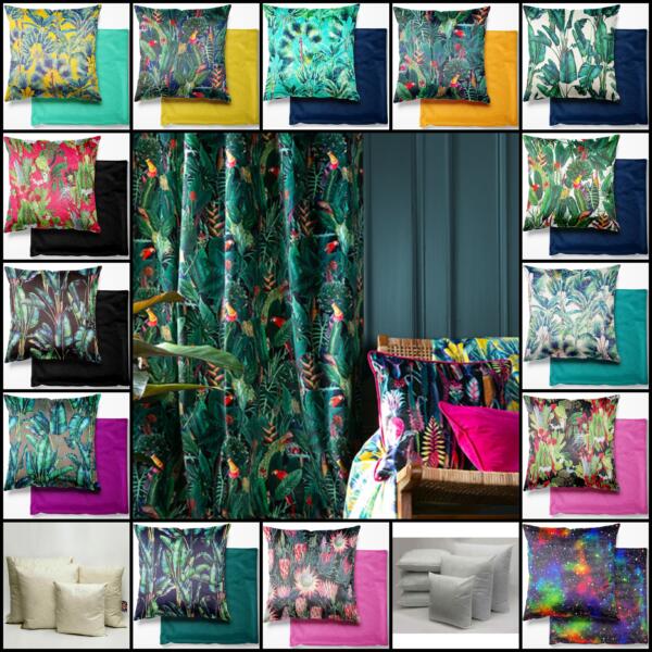 Collage of various home decor items featuring vibrant tropical designs, including throw pillows, curtains, and fabric swatches with colorful floral and foliage patterns. Also shown are a few neutral-toned pillows and a fabric with a galaxy design.