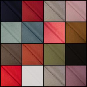 A grid of 20 squares showing fabric swatches in various colors, including dark blue, red, beige, pink, light green, teal, coral, mustard, brown, burnt orange, olive green, black, bright red, white, grey, and lavender.