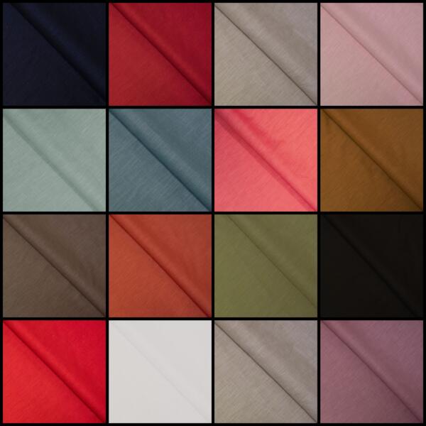 A grid of 20 squares showing fabric swatches in various colors, including dark blue, red, beige, pink, light green, teal, coral, mustard, brown, burnt orange, olive green, black, bright red, white, grey, and lavender.