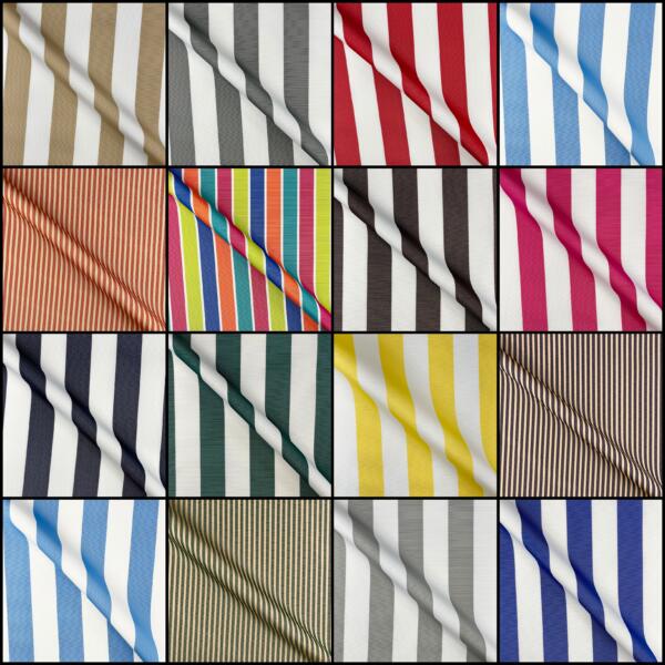 A collage of 16 different striped fabric patterns, each featuring a unique combination of colors and stripe widths. The fabrics include various shades such as beige, grey, red, blue, green, yellow, and black, arranged in a grid formation.