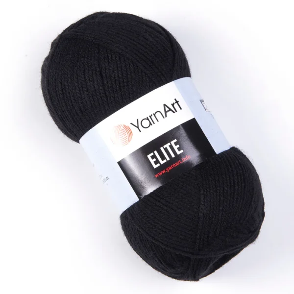 A skein of YarnArt Elite yarn is displayed against a white background. The yarn is thick and black, and a white label with black and orange text wraps around it, displaying the YarnArt logo and the word "Elite" in bold.