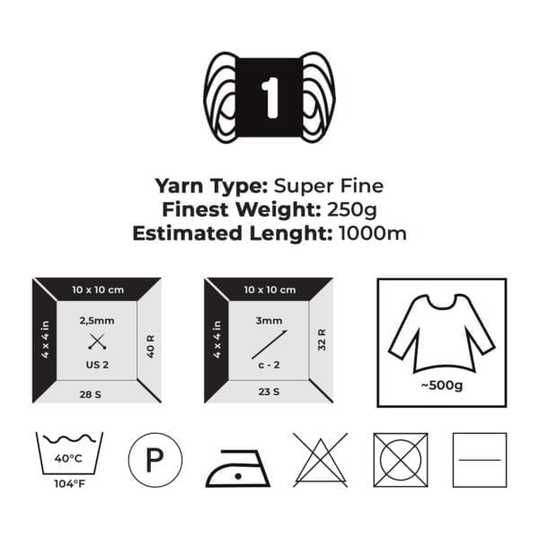 An infographic displaying yarn specifications. It shows a skein icon labeled "1" indicating yarn size, "Yarn Type: Super Fine," "Finest Weight: 250g," and "Estimated Length: 1000m." Care icons indicate washing at 40°C, dry cleaning, ironing, no tumble drying, and no bleaching. Diagrams show knitting and crochet gauge sizes.
