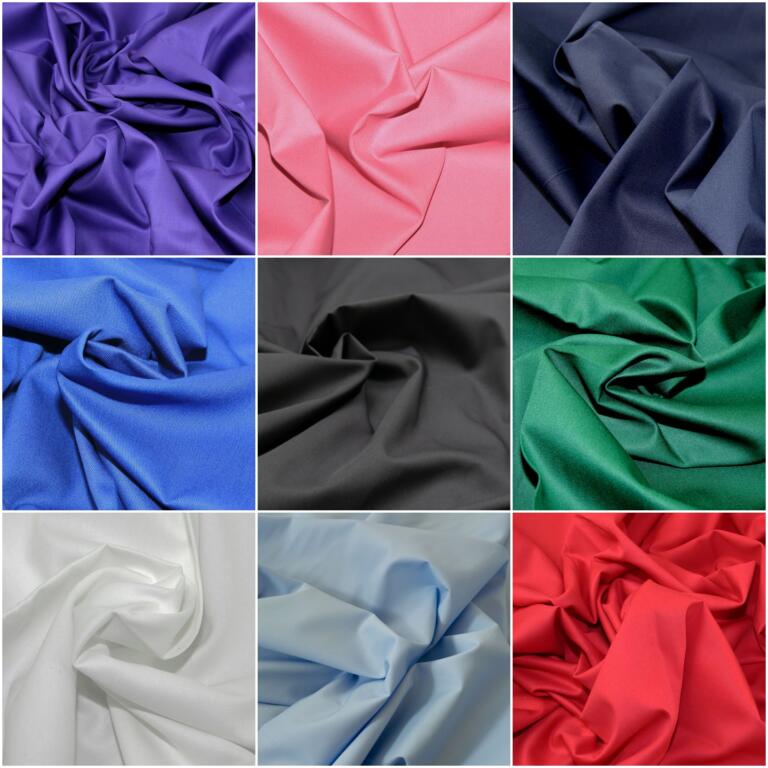 A grid of nine Cotton Fabric | Twill Fabric | Cotton Dril Fabric squares, each showcasing colorful, wrinkled fabric. Colors from top left to bottom right are purple, pink, navy blue, royal blue, black, green, white, light blue, and red. The fabrics are arranged against a plain backdrop.