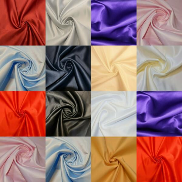 A 4x4 grid displaying various colors of Satin Fabric | Duchess Satin | 60 Inch Wide. Rows feature different hues including red, ivory, purple, pale pink, sky blue, navy blue, beige, bright orange, black, royal blue, white, and gold, showcasing their smooth, shiny texture.