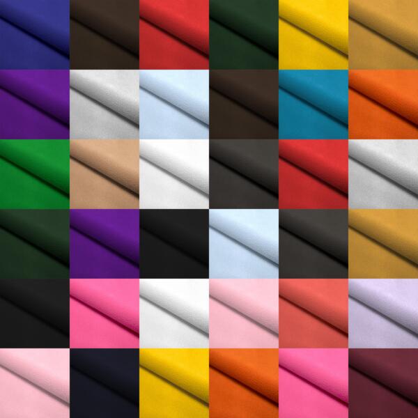 A grid of 36 fabric swatches in various colors, including shades of green, red, blue, yellow, purple, black, white, tan, orange, pink, and brown. Each swatch shows a folded piece of fabric, highlighting texture differences.