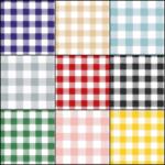 A 3x3 grid displaying gingham patterns in various colors. The colors are, from left to right and top to bottom: purple, beige, light blue, gray, red, black, green, pink, and yellow. Each pattern features a white grid with colored intersecting lines.