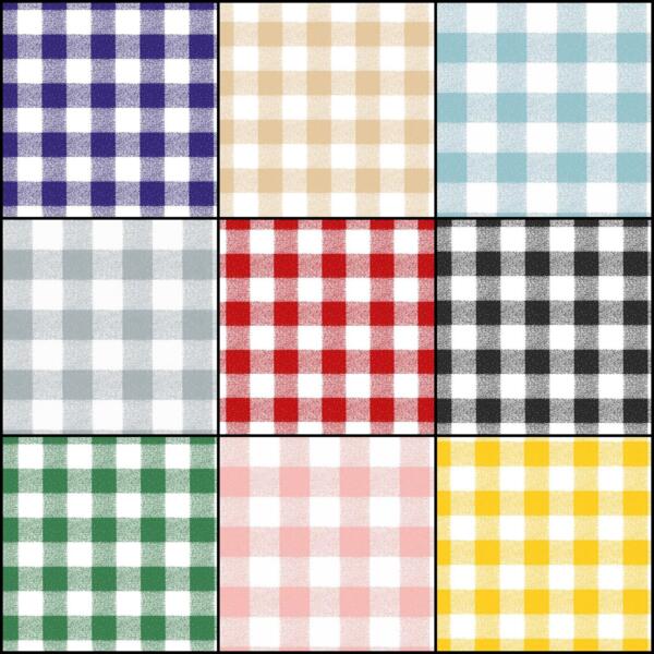 A 3x3 grid displaying gingham patterns in various colors. The colors are, from left to right and top to bottom: purple, beige, light blue, gray, red, black, green, pink, and yellow. Each pattern features a white grid with colored intersecting lines.
