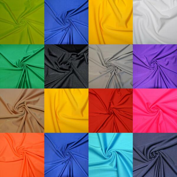 A grid showcasing 16 different colors of fabric arranged in a 4x4 layout. The colors from top to bottom, left to right are: green, blue, yellow, white, green, black, gray, purple, brown, red, pink, orange, light blue, dark blue, turquoise, and dark gray.