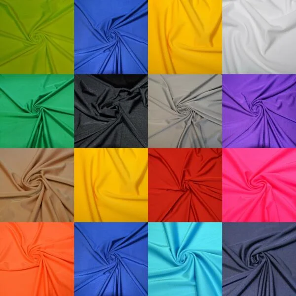 A grid showcasing 16 different colors of fabric arranged in a 4x4 layout. The colors from top to bottom, left to right are: green, blue, yellow, white, green, black, gray, purple, brown, red, pink, orange, light blue, dark blue, turquoise, and dark gray.