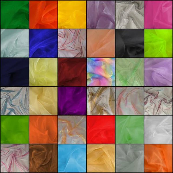 A grid of 36 squares, each displaying a different color of translucent, crumpled fabric. The colors range from red, yellow, blue, green, purple, and more, arranged in a visually appealing and vibrant mosaic pattern.