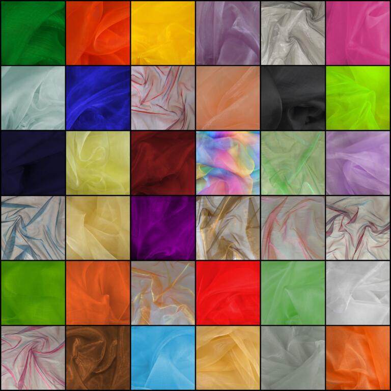 A grid of 36 squares, each displaying a different color of translucent, crumpled fabric. The colors range from red, yellow, blue, green, purple, and more, arranged in a visually appealing and vibrant mosaic pattern.