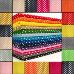 A stack of colorful polka dot fabrics arranged in a gradient from yellow to black. The fabrics are surrounded by a border showcasing individual swatches of the same polka dot patterns in various colors, creating a vibrant and symmetrical collage.