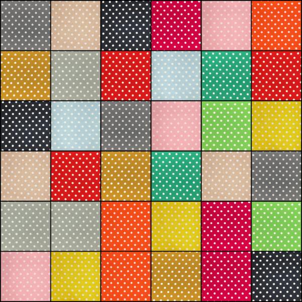 A grid of 36 squares, each filled with a different solid color and small white polka dots. The colors include red, blue, green, yellow, orange, pink, gray, black, and tan. The arrangement of colors appears random, creating a vibrant mosaic pattern.