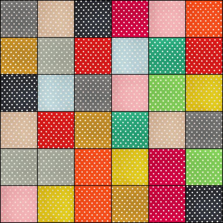 A grid of 36 squares, each filled with a different solid color and small white polka dots. The colors include red, blue, green, yellow, orange, pink, gray, black, and tan. The arrangement of colors appears random, creating a vibrant mosaic pattern.