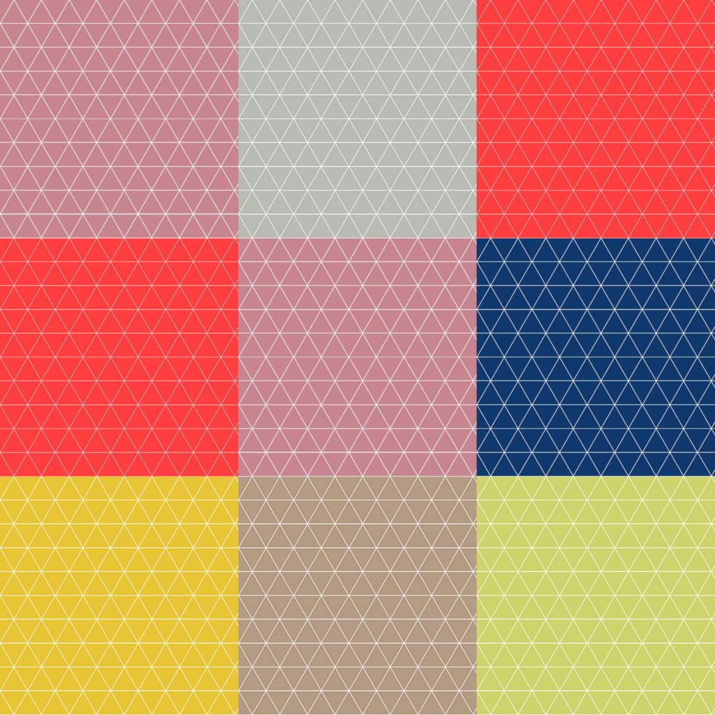 A pattern featuring a 3x3 grid of squares. Each square is filled with a different color and overlaid with a white, triangular grid. The colors include shades of red, blue, yellow, gray, pink, and beige.