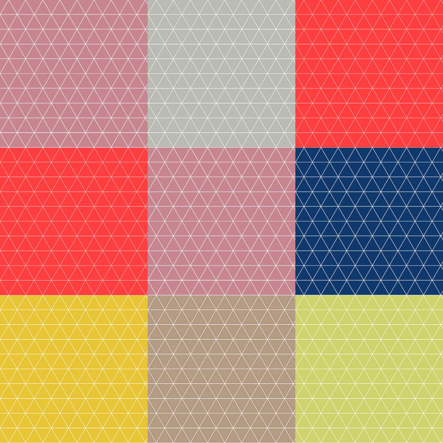 A pattern featuring a 3x3 grid of squares. Each square is filled with a different color and overlaid with a white, triangular grid. The colors include shades of red, blue, yellow, gray, pink, and beige.