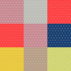 A pattern featuring a 3x3 grid of squares. Each square is filled with a different color and overlaid with a white, triangular grid. The colors include shades of red, blue, yellow, gray, pink, and beige.