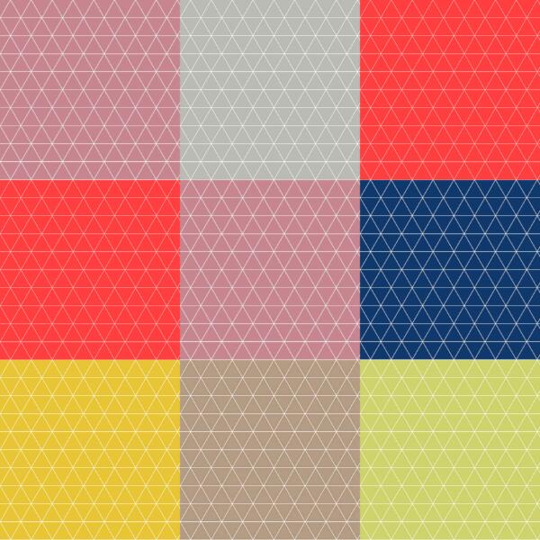 A pattern featuring a 3x3 grid of squares. Each square is filled with a different color and overlaid with a white, triangular grid. The colors include shades of red, blue, yellow, gray, pink, and beige.