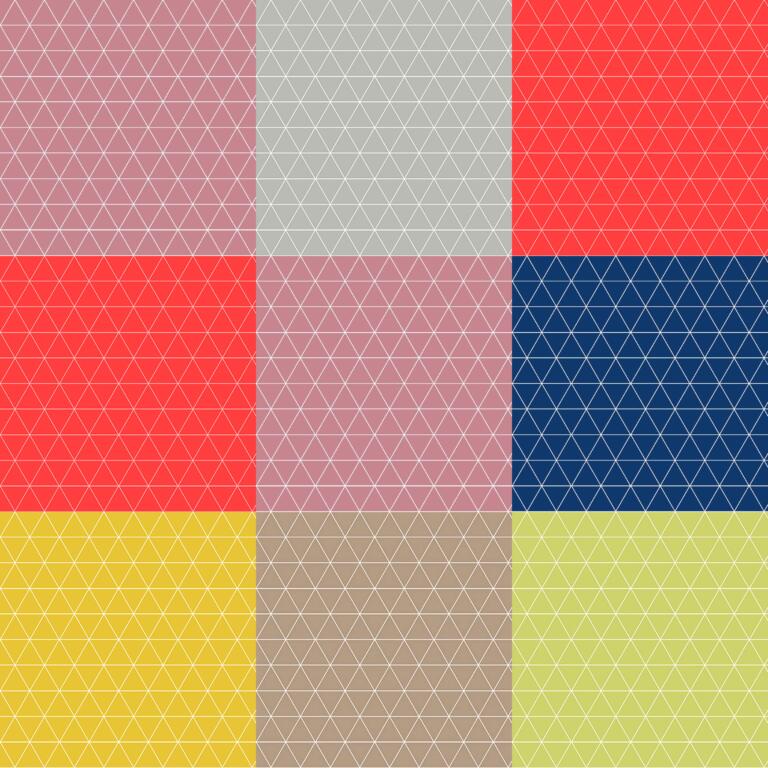 A pattern featuring a 3x3 grid of squares. Each square is filled with a different color and overlaid with a white, triangular grid. The colors include shades of red, blue, yellow, gray, pink, and beige.