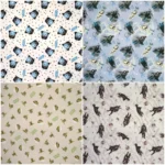 A collage of four 100% Cotton Fabric | Star Wars | Star Wars Fabric patterns. Each square features illustrations of characters and objects, including stormtroopers, Yoda, Darth Vader, and spaceships. The patterns are on various colored backgrounds, incorporating elements of stars and text.