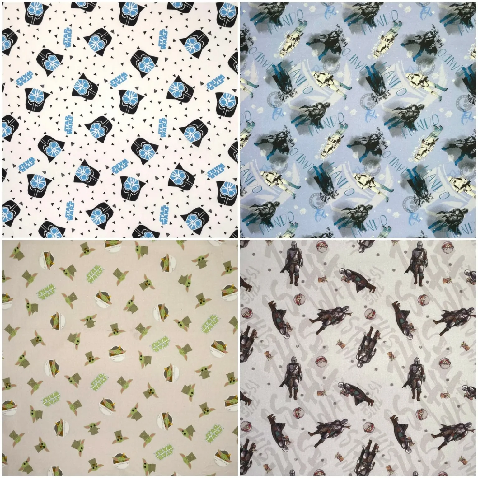 A collage of four 100% Cotton Fabric | Star Wars | Star Wars Fabric patterns. Each square features illustrations of characters and objects, including stormtroopers, Yoda, Darth Vader, and spaceships. The patterns are on various colored backgrounds, incorporating elements of stars and text.