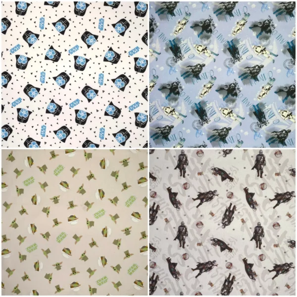 A collage of four 100% Cotton Fabric | Star Wars | Star Wars Fabric patterns. Each square features illustrations of characters and objects, including stormtroopers, Yoda, Darth Vader, and spaceships. The patterns are on various colored backgrounds, incorporating elements of stars and text.
