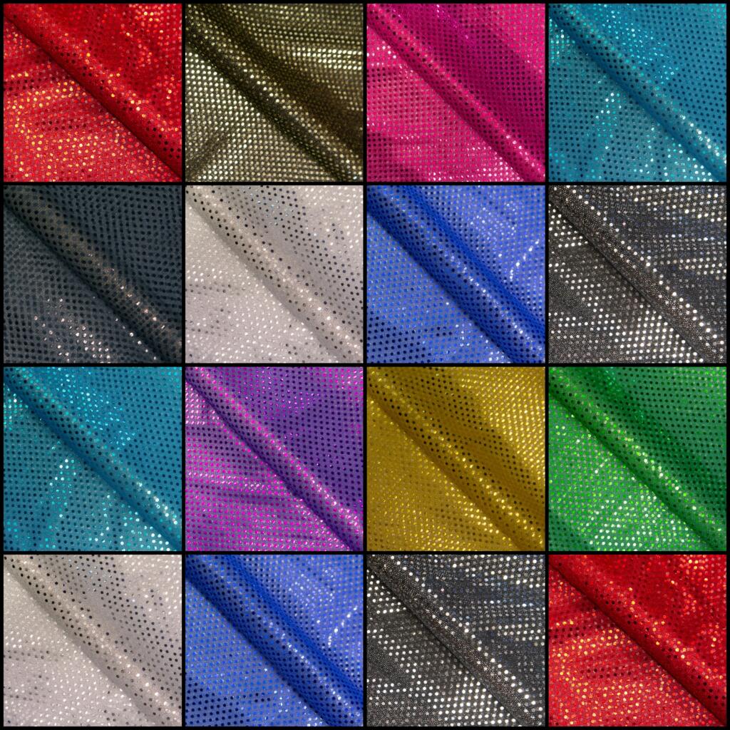 Sixteen square swatches of fabric in various colors, each with a shimmering, sparkly finish. Colors include red, green, blue, gold, silver, purple, teal, pink, and black, arranged in a grid pattern. The texture appears to be smooth and glossy.