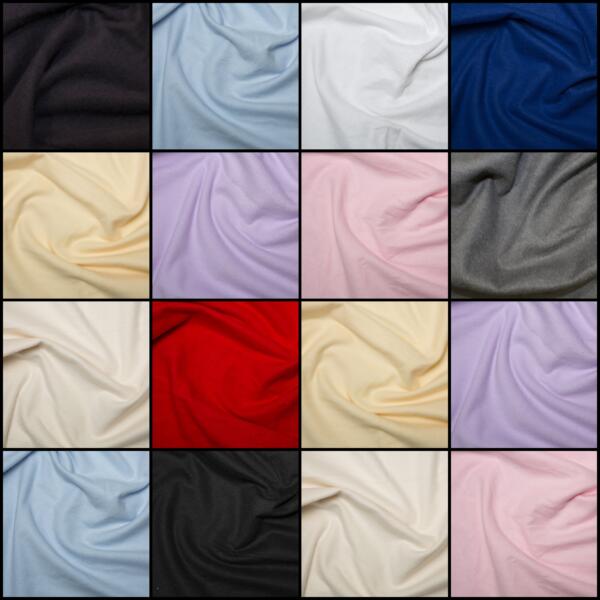 A grid of sixteen squares displays various fabric swatches in different colors, including black, light blue, white, dark blue, cream, lavender, pink, gray, red, and beige. Each swatch has a textured, rippled appearance.