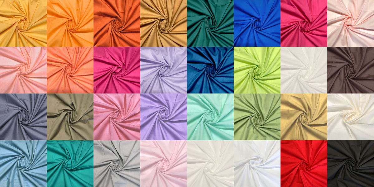 A grid of 40 poly cotton fabric swatches showcases a wide spectrum of colors, including various shades of orange, red, blue, green, pink, purple, gray, brown, beige, white, and more. Each fabric features a pinwheel-like fold in the center.