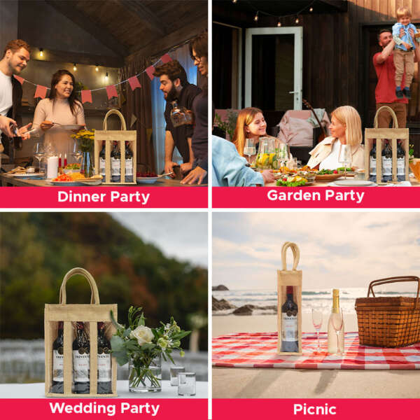 A collage of four scenes each featuring people enjoying quality time and wine. The top left shows a dinner party, the top right a garden party, bottom left a wedding party, and bottom right a picnic on a beach. Each scene highlights Window Wine Bottle Bag | Jute Wine Bag | Wine gift Bag.