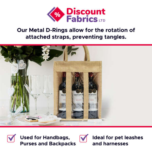 An advertisement for Discount Fabrics LTD showing a Window Wine Bottle Bag | Jute Wine Bag | Wine gift Bag carrying three wine bottles. Surrounding items include wine and champagne glasses, flowers, and a small bowl. Text highlights advantages of metal D-rings: preventing tangles, great for bags, and pet leashes.