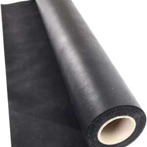 A partially unrolled roll of black landscape fabric with a cardboard core. The fabric appears to be smooth and is designed for garden and construction use, likely for weed control or soil stabilization.