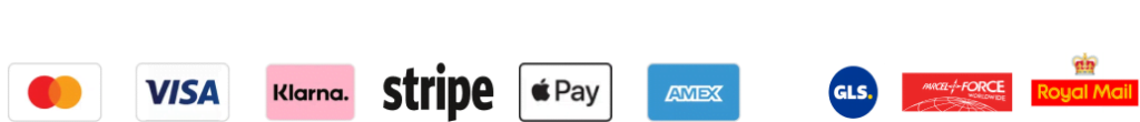 An image showing payment and delivery options. Payment options: Mastercard, Visa, Klarna, Stripe, Apple Pay, American Express. Delivery partners: GLS, ParcelForce Worldwide, and Royal Mail.
