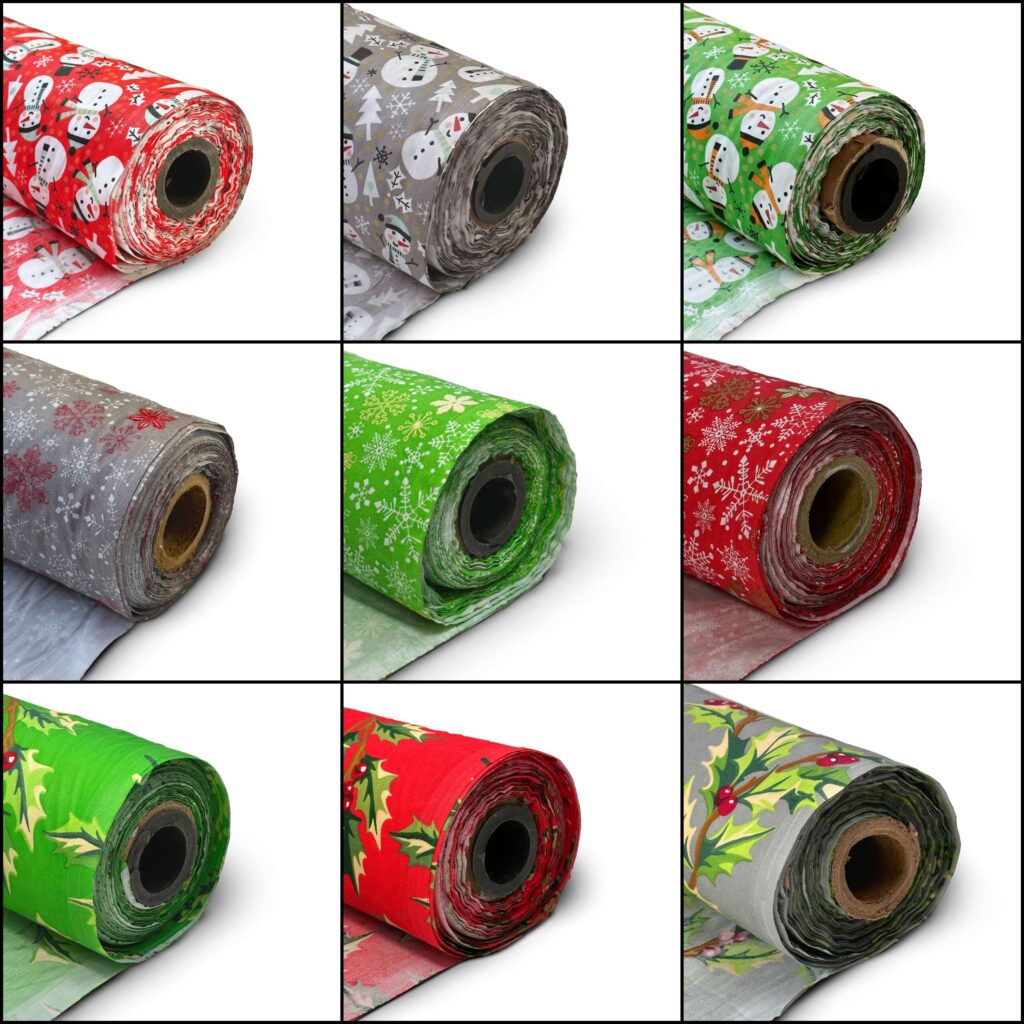 A 3x3 grid of nine rolls of Christmas-themed wrapping paper, each featuring various festive designs such as snowmen, snowflakes, and holly leaves. The papers come in different colors including red, green, and gray.
