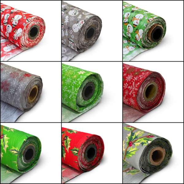 A grid of nine images showing rolls of wrapping paper with various festive designs, including snowmen, snowflakes, holly leaves, and berries. The wrapping paper comes in different colors like red, green, and gray, each with holiday-themed prints.