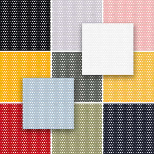 A collage of colored polka dot patterns arranged in a grid. Colors include yellow, red, black, pink, gray, green, and blue, with two white squares in the center overlapping some of the colored blocks. Each block has evenly spaced white polka dots. Cotton Poplin | Polka Dot | Rose and Hubble.