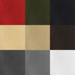 A 3x3 grid featuring nine squares of different leather textures. The colors are red, dark green, black, beige, tan, brown, dark gray, medium gray, and white. Each square showcases a distinct texture and shade, arranged in an orderly fashion.