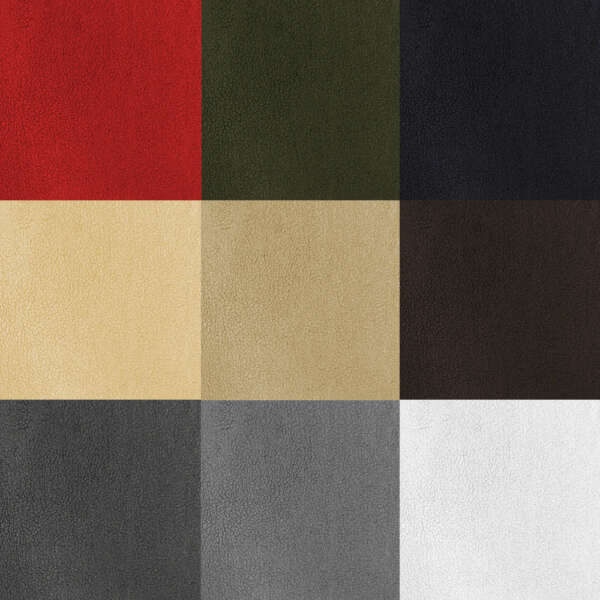 A 3x3 grid featuring nine squares of different leather textures. The colors are red, dark green, black, beige, tan, brown, dark gray, medium gray, and white. Each square showcases a distinct texture and shade, arranged in an orderly fashion.