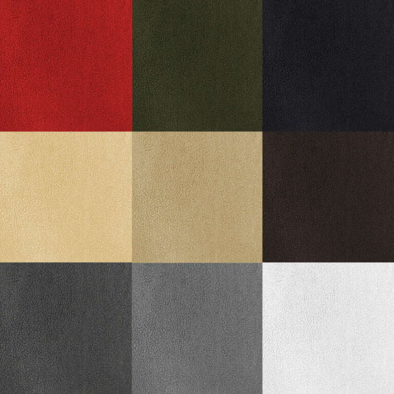 A 3x3 grid featuring nine squares of different leather textures. The colors are red, dark green, black, beige, tan, brown, dark gray, medium gray, and white. Each square showcases a distinct texture and shade, arranged in an orderly fashion.