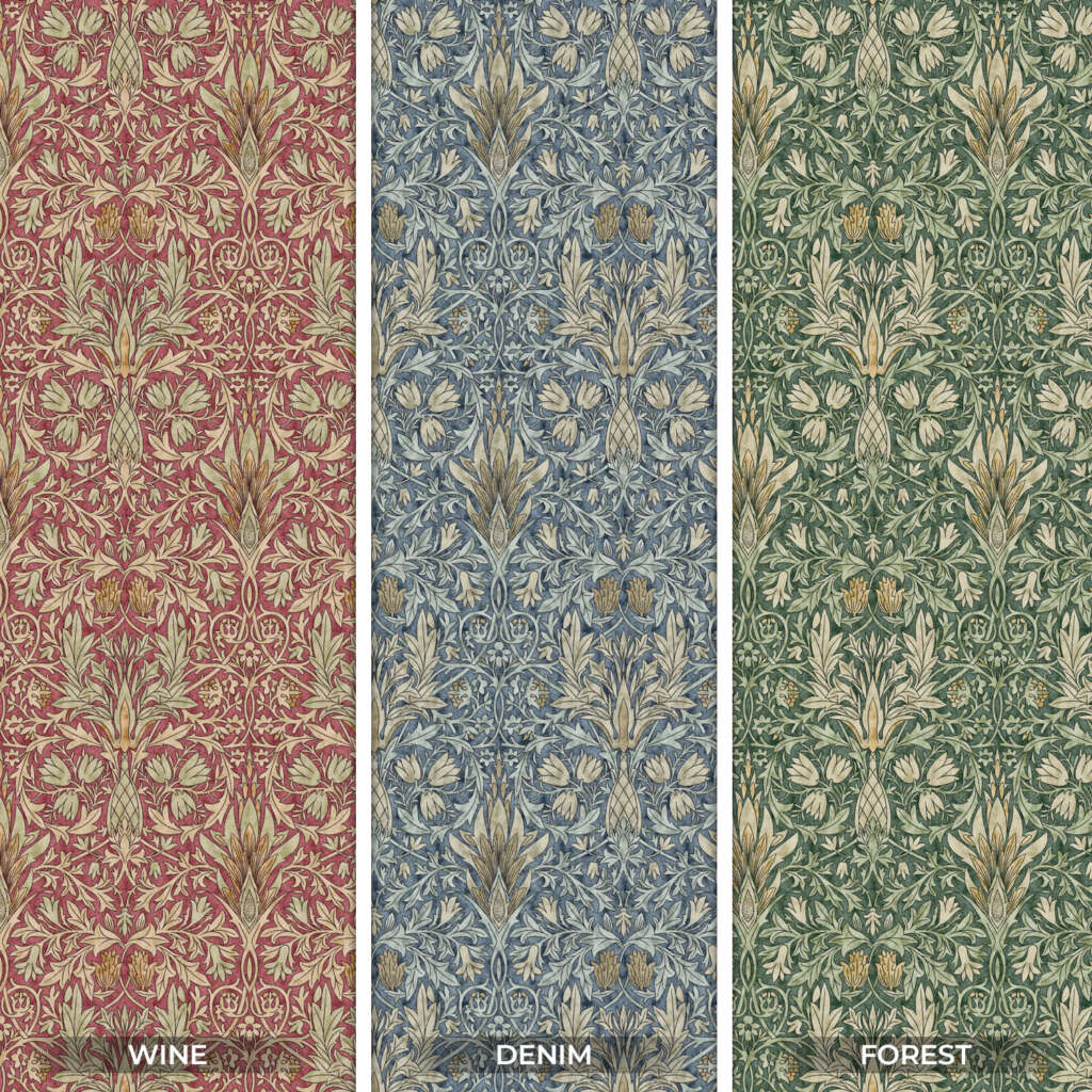 Three vertical panels of intricate, floral patterned wallpaper in different colors. From left to right, the colors are wine red, denim blue, and forest green. Each panel features a symmetrical botanical design with leaves and flowers in neutral tones, reminiscent of William Morris | Snakeshead | Tapestry Fabric.