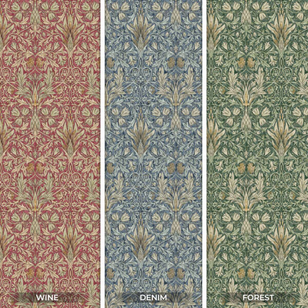 Three vertical panels of intricate, floral patterned wallpaper in different colors. From left to right, the colors are wine red, denim blue, and forest green. Each panel features a symmetrical botanical design with leaves and flowers in neutral tones, reminiscent of William Morris | Snakeshead | Tapestry Fabric.