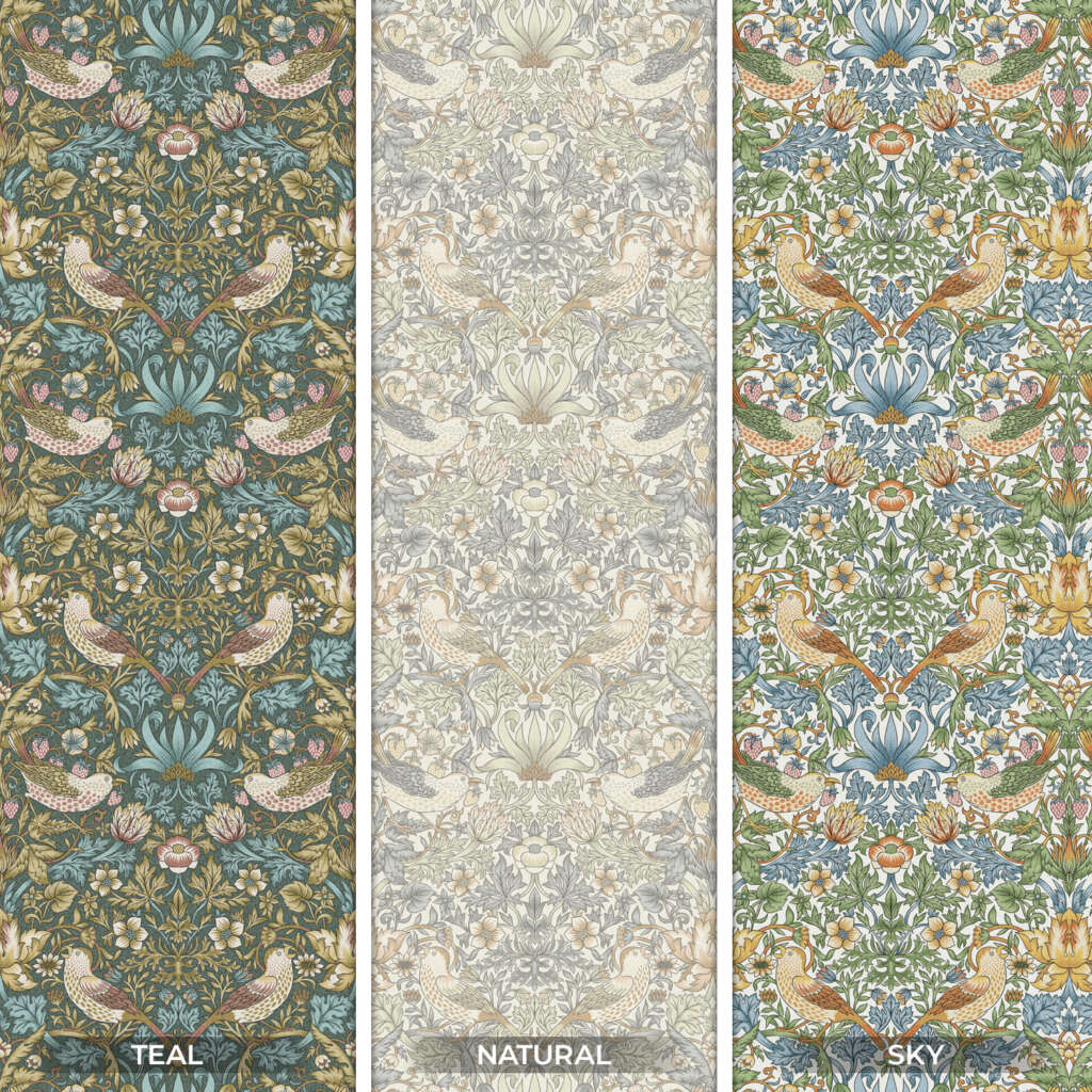 Three vertical panels showcase intricate floral and bird patterns in different color schemes, labeled "TEAL," "NATURAL," and "SKY." The teal panel has a dark background, the natural panel has a light background, and the sky panel features a blue background reminiscent of William Morris | Snakeshead | Tapestry Fabric.