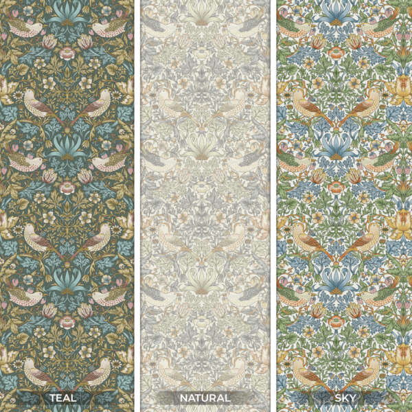 Three vertical panels showcase intricate floral and bird patterns in different color schemes, labeled "TEAL," "NATURAL," and "SKY." The teal panel has a dark background, the natural panel has a light background, and the sky panel features a blue background reminiscent of William Morris | Snakeshead | Tapestry Fabric.
