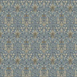 A richly detailed, repeating floral pattern featuring stylized golden-yellow and blue flowers with green and gold leaves against a deep blue background. The intricate and symmetrical design has an ornate, vintage feel.