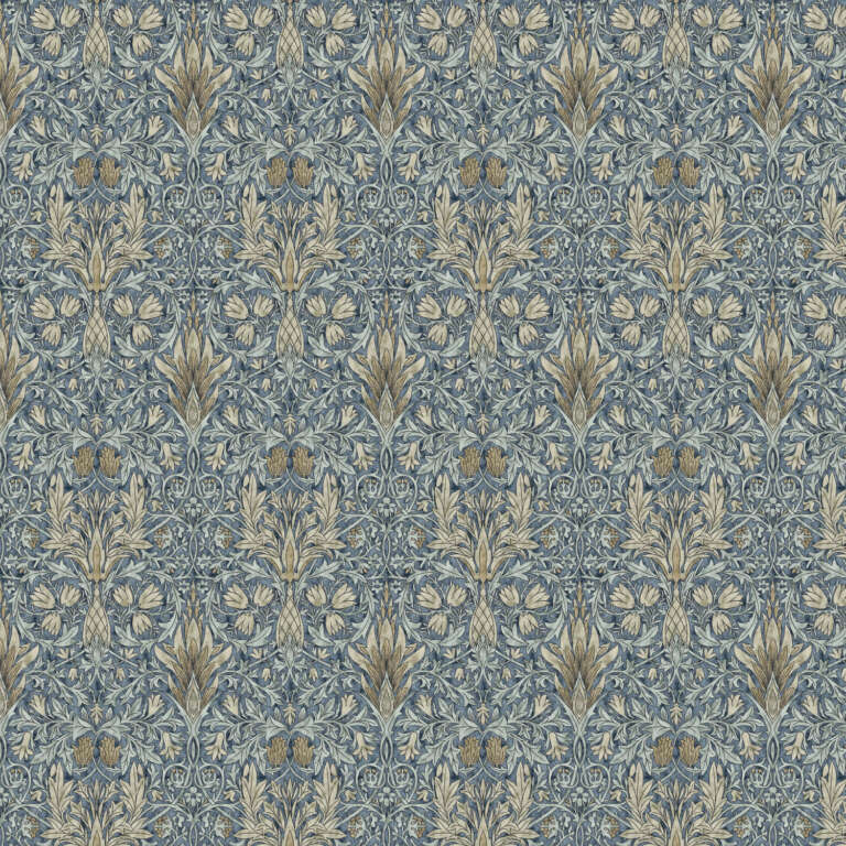 A richly detailed, repeating floral pattern featuring stylized golden-yellow and blue flowers with green and gold leaves against a deep blue background. The intricate and symmetrical design has an ornate, vintage feel.
